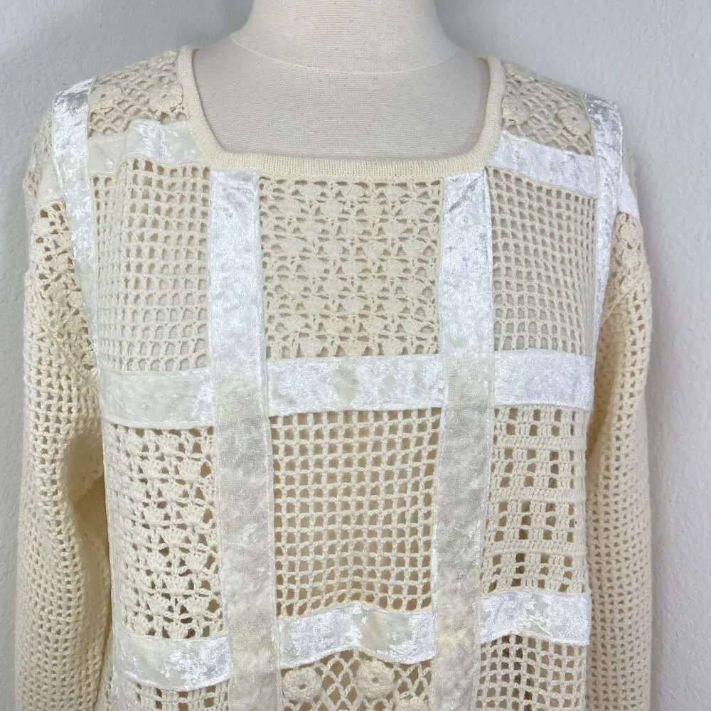 Otto Ivory Crochet Velvet Patchwork Top Large Long Sleeves Romantic Boho Whimsy